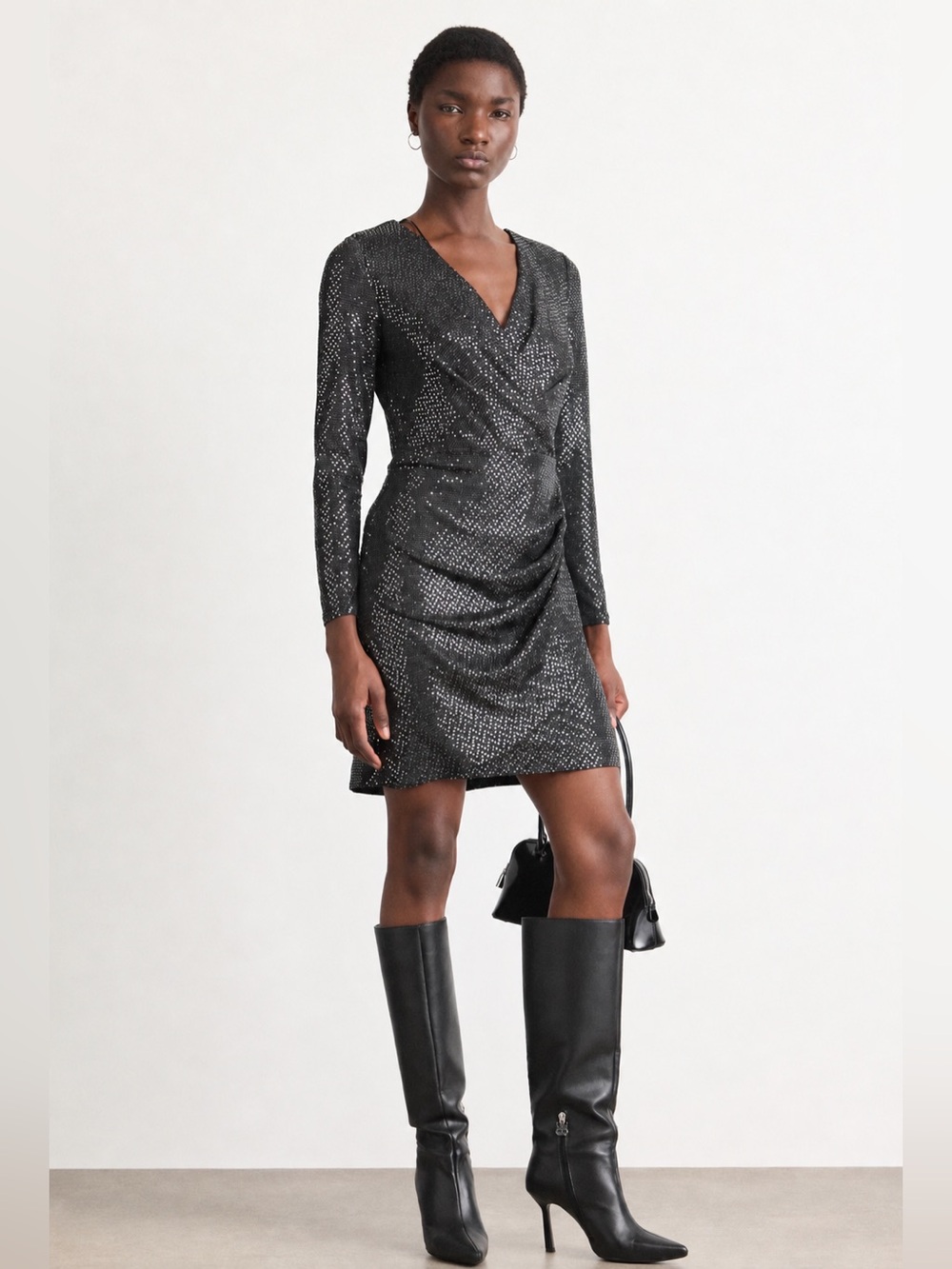 DKNY Metallic Gray Faux Wrap Dress Size 10 Long Sleeve Ruched Knit